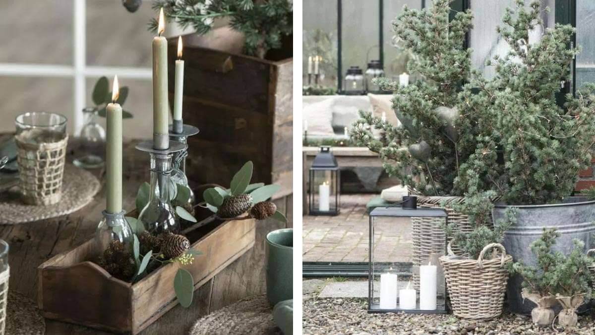 Hygge-Style-Kerzen in Windlichtern und Deko mit Blättern und Unika Kästen