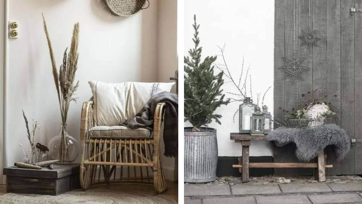 Hygge-Style-draussen mit Rattansessel und Bank vorm Haus