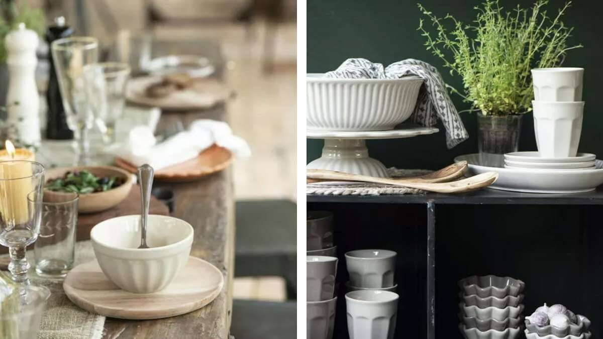 Hygge-Style Geschirr Mynte in sanften Farben auf einem Esstisch und im Regal stehend
