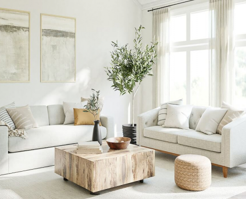 Schönes Wohnen in hellem Wohnraum mit weissen Sofas