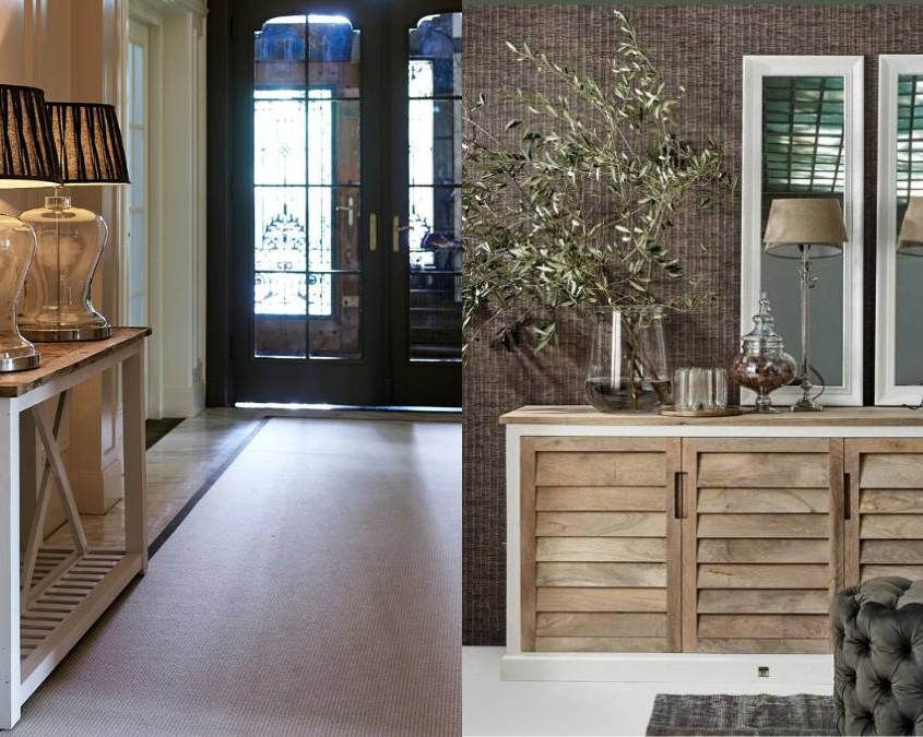 Flur gestalten mit Rivièra Maison Möbeln Pacifica Dresser und Chateau Chassigny Konsole in hellen Farben und Weiß